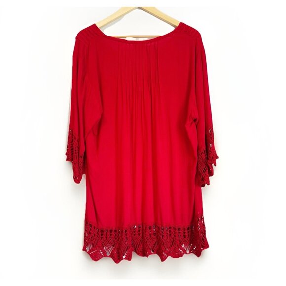 Baik Baik Honolulu Red Crochet Tunic Top Size Large 3/4 Flare Sleeves Boho - Picture 8 of 9